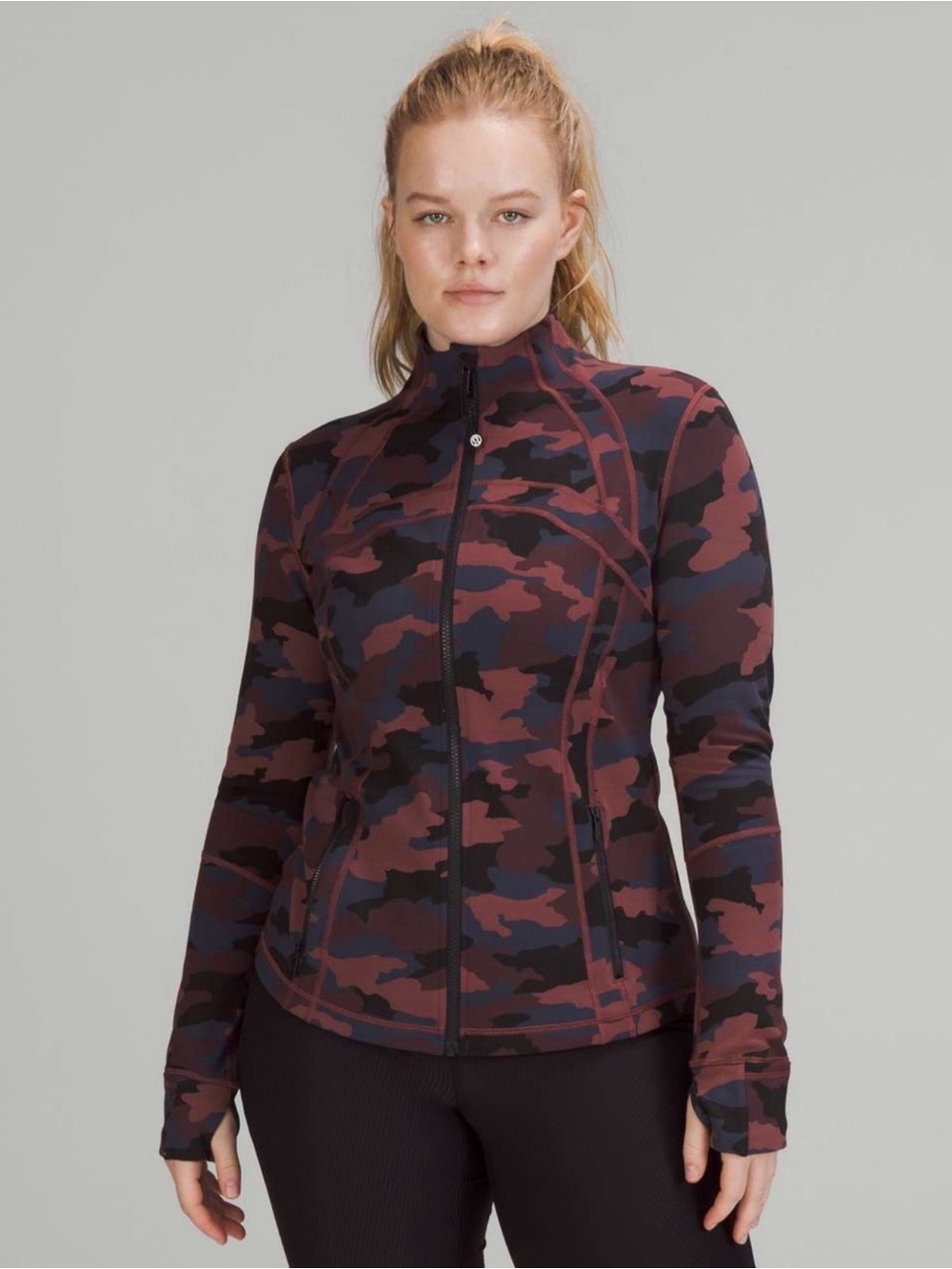lululemon Women’s Burgundy and Black Camouflage Full-Zip Jacket- Size 18